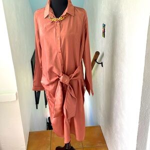 Hayden Los Angeles Drop Waist Tie Midi Button down Shirt Dress‎ Rusty Rose NWT L